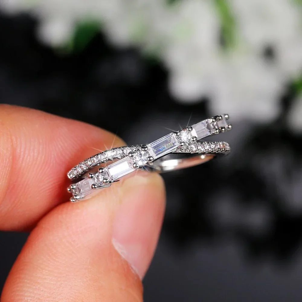 😍Fashion Party Two Lines Cross Zircon Anillos Trendy Silver Rings Women, L231
